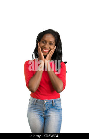 Frau hält ihr Gesicht Stockfoto