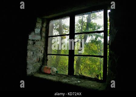 Kunststoff Flasche liegend auf Fensterbank in ein altes Gebäude Stockfoto