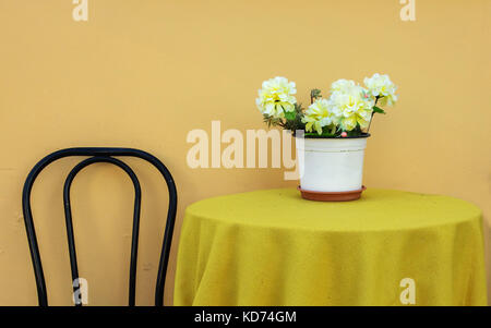 Tabelle mit Blumen und einem Stuhl mit einem gelben Thema auf der Insel Ithaka in der Ionischen Inseln von Griechenland Stockfoto