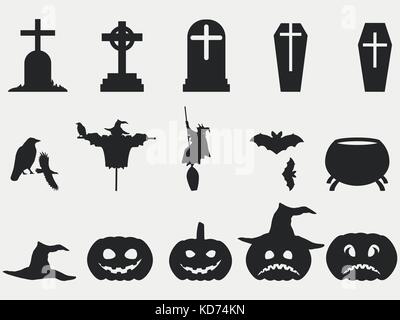 Halloween Set von Symbolen. Hexenhut, Kürbis mit Emotionen. Isolierte Silhouetten von Grabsteinen mit Kreuzen. Elemente der Urlaub Design. Vektor il Stock Vektor
