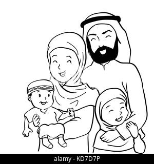 Hand gezeichnet von Happy muslimischen Familie Vater, Mutter, Sohn und Tochter zusammen. Vector Illustration cartoon Design Stock Vektor