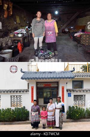 Xundian, Zhang (1. l. 10 Okt, 2017 combo Foto zeigt Zhang cuilan (r, Oben), eine Frau von Miao ethnische Gruppe, mit ihrer Tochter zu Hause in shanhou Dorf xundian County posiert, der Südwesten Chinas Provinz Yunnan, 31. Mai 2017 und Zhang (1. l, unten), die mit ihrer Familie vor ihrem neuen Haus in xiaohai neuen Dorf auf okt. 10, 2017. Mit Unterstützung der lokalen Regierung, Zhang und anderen 113 Dorfbewohner, die auf der Liste der verarmte Dorfbewohner von Miao ethnische Gruppe sind, in ihre neuen Häuser auf Dienstag verschoben. Credit: Yang zongyou/Xinhua/alamy leben Nachrichten Stockfoto