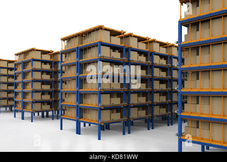 3D-rendering Regale voller Kartons im Lager Stockfoto