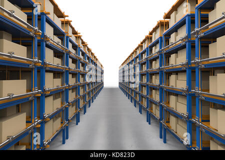 3D-rendering Regale voller Kartons im Lager Stockfoto