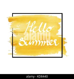 Hallo Sommer in der Farbe gelb Grunge künstlerische Pinselstriche in schwarzen Rahmen Stockfoto