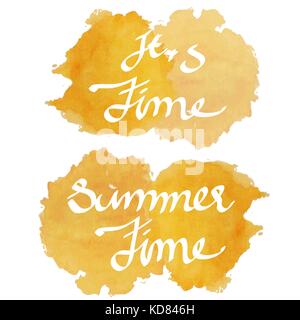 Sommer Urlaub Logo in gelb Wasser Farbe Vektor mit englischen Buchstaben Alphabet Stockfoto