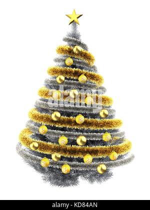 3D-Illustration eines metallischen Weihnachtsbaums über weiß mit gelben Kugeln und Frippery Stockfoto