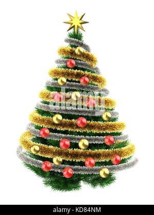 3D-Illustration eines dunkelgrünen Weihnachtsbaums über weiß mit roten Kugeln und Frippery Stockfoto
