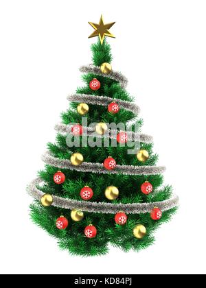 3D-Illustration des Weihnachtsbaums über weiß mit roten Kugeln und Frippery Stockfoto