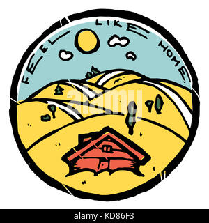 Hostel Service Advertisement label. Kleines gemütliches Haus in die Felder, blauer Himmel, Sonne Landschaft. Fühlen Sie sich wie zu Hause Text. verkratzt Symbol. Stockfoto