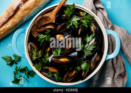 Muscheln Muscheln in Kochpfanne mit Petersilie auf blauem Hintergrund close-up Stockfoto