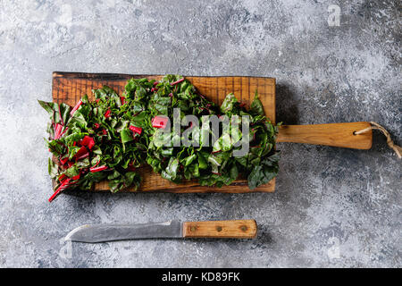 Schneiden von frischen Mangold mangold Salat auf Holz Schneidebrett mit Messer über grau Textur Hintergrund. Ansicht von oben mit Platz Stockfoto