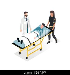 Erste Hilfe am Krankenhaus: Arzt und Sanitäter kümmern sich um die Patienten im Notfall Stock Vektor