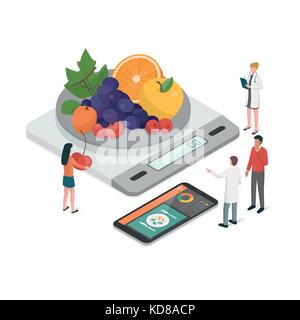 Ernährungswissenschaftler Planung eine Diät mit einem Maßband und einem Essen App auf dem Smartphone, Diät und Ernährung Konzept Stock Vektor