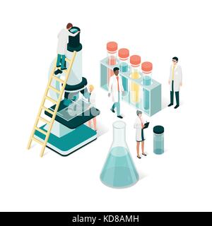Die Forscher im Labor, analysieren Sie eine Probe mit einem Mikroskop und Reagenzgläser: Wissenschaft und medizinische Forschung Konzept Stock Vektor