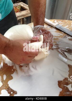 Schaukäserei in einem rustikalen Bauernhof, Hände shapping Mozzarella in Kugeln Stockfoto