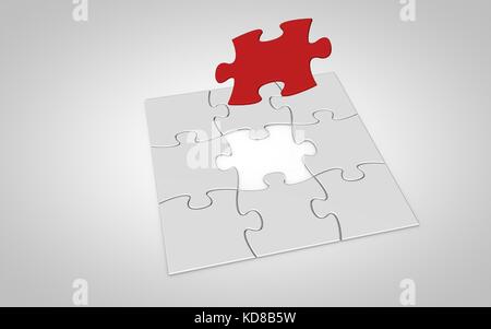 Neun Puzzleteile fallen von oben nach weißen Hintergrund. Die endgültigen rot Puzzle Stück fällt. Stockfoto