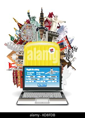Laptop Koffer Reisetasche mit World Landmark Stock Vektor