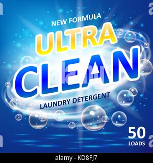 Seife Ultra Clean Design Produkt. WC oder Bad Whirlpool Reiniger. Waschen Seife Hintergrund Design. Waschmittel anzeigen. Waschmaschine Waschmittel Verpackung Vorlage. Vector Illustration Stock Vektor