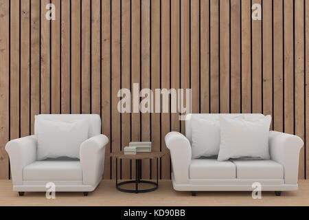 Minimalistisch weiße Sofa set Design in Holz Zimmer in 3D-Rendering Stockfoto