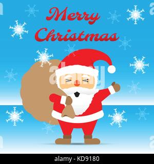 Frohe Weihnachten, chubby santa claus seine Hand winken und ein Geschenk Tasche Gerne stehen unter Schneeflocken auf vereisten Boden mit blauer Hintergrund Stock Vektor