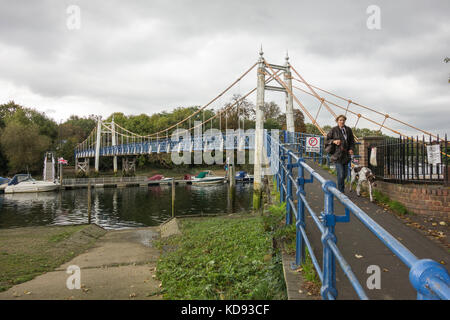 Am frühen Morgen ein Hundespaziergänger auf Teddington Lock Footbridge auf der Themse, Teddington, England, Großbritannien Stockfoto