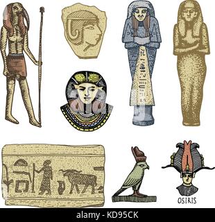 ägyptische Symbole, Pharaon, Scorob, Hieroglyphen und Osiris Kopf, Gott Jahrgang, gravierte handgezeichnete Skizze oder Holz schneiden Stil, alte suchen retro, isoliert realistische Vektor-Illustration. Stock Vektor