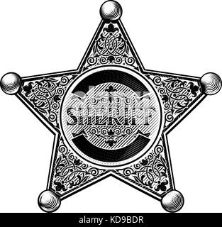 Sheriff Star Badge Im Geätzten Stil Stock Vektor