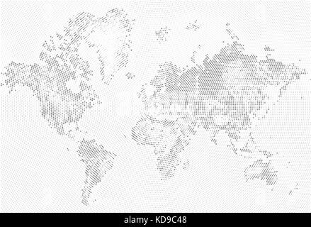 Abstrakte gepunktete Karte schwarz und weiß Halftone grunge Effekt Abbildung. Weltkarte Silhouetten. Continental Formen der Punkte. monochrom radial Rundschreiben Stock Vektor
