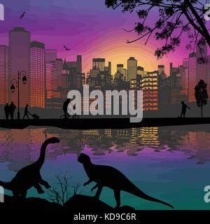 Dinosaurier Silhouetten vor einem stadtbild in der Nähe von Wasser, Vector Illustration Stock Vektor