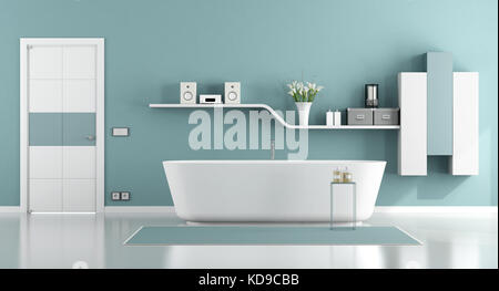 Blue modernes Badezimmer mit Badewanne, geschlossenen Tür und Regal an der Wand 3D-Rendering Stockfoto