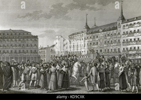 Spanien. Madrid. Ferdinand VII (1784-1833) wird zum König von Spanien in Abwesenheit am 24 August, 1808 auf dem Hauptplatz (Plaza Mayor). Gravur. Stockfoto