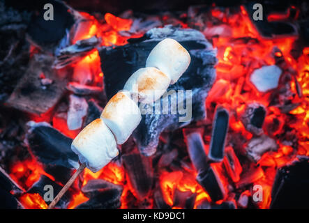 Satz von süßen Marshmallows rösten über den roten Feuer flammen. eibisch am Spieß gebraten auf Holzkohlen Stockfoto