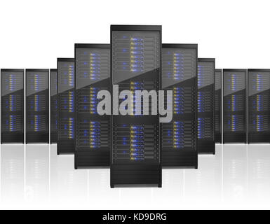Bild von vielen Server-Racks. Isoliert auf weißem Hintergrund Stockfoto