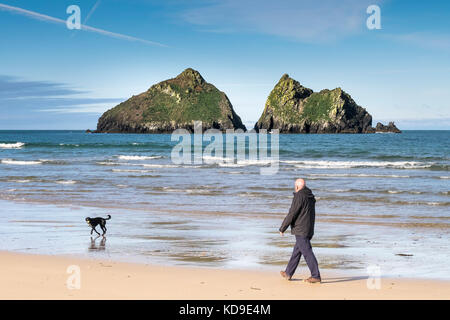 Hundespaziergängen an der Holywell Bay - ein Mann, der seinen Hund entlang der Küste an der Holywell Bay Cornwall mit den ikonischen Gull Rocks im Hintergrund läuft. Stockfoto