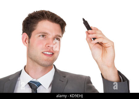 Glückliche junge Unternehmer Zeichnen auf dem Bildschirm Stockfoto