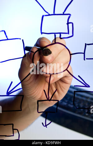 Hand greift ein Blockdiagramm auf einem transparenten Glas Stockfoto