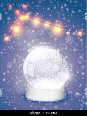 Schneekugel Christmas Magic Ball mit leuchten die gelben Hintergrund. xmas snowglobe Grußkarte Vector Illustration. Winter in Glaskugel, kristall Kuppel Stock Vektor