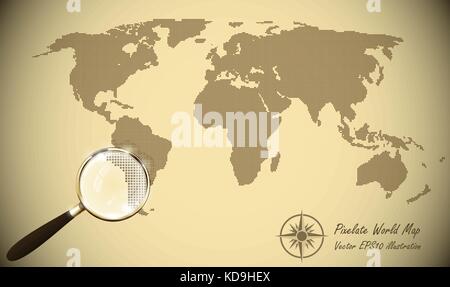Abstrakte gepunktete Karte altes Papier halftone retro Effekt Vector Illustration. Weltkarte Silhouette. Continental Formen der Punkte. monochrom runder Punkt Korn Stock Vektor