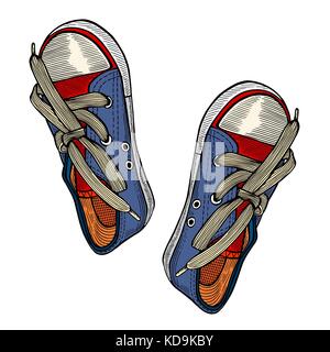 Vector Illustration Rot und Blau Sport Sneaker mit weißen Schnürsenkeln auf weißem Hintergrund, Hand gezeichnet, Ansicht von oben Stock Vektor