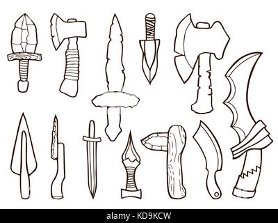 Schwert, Axt und Keule. Gruppe von alten Waffen. Vector Illustration. Stock Vektor