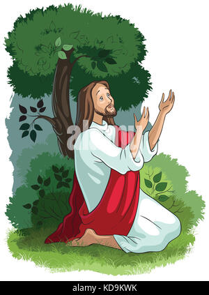 Jesus Christus Geschichte. Die Todesangst im Garten. Christian Cartoon Illustration Stockfoto