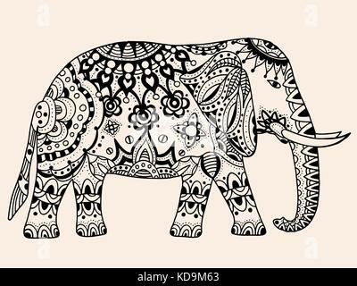 Indischer Elefant. Hand gezeichnet Doodle indischer Elefant mit Tribal Ornament. Vektor ethnischen Elefant. schwarz, beige Farbe Stock Vektor
