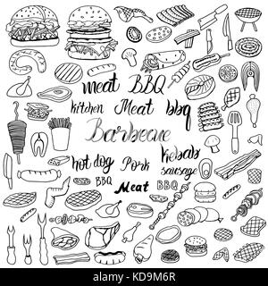 Hand gezeichnet doodle Grillparty Symbole gesetzt. Vector Illustration Sommer Grill Symbole Sammlung Cartoon verschiedene Mahlzeiten, Getränke, Food Ingredients und Deco Stock Vektor