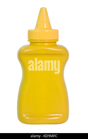 Gelber Senf Quetschflasche Container mit ohne Etikett. isoliert. weißer Hintergrund. Vertikale. Stockfoto