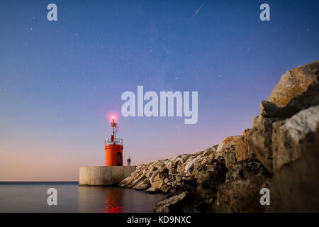 Marine eines kleinen Leuchtturm mit ihren Reflexionen über das Meer bei Sonnenuntergang. Ein Mann ist Angeln unter dem Sternenhimmel. Foto bei Sonnenuntergang in Sabaudia, b Stockfoto