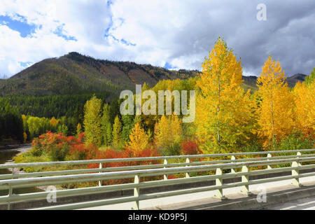 Ein Berg, Wald und Fluss von einer Metal Bridge im Glacier National Park. Stockfoto