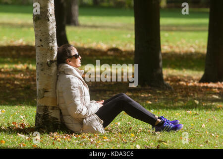 London, Großbritannien. 12 Okt, 2017. de Wetter: eine Frau saugt die Sonne gegen einen Baum im Hyde Park London an einem kalten, sonnigen Tag in der Hauptstadt Kredit schiefen: Amer ghazzal/alamy leben Nachrichten Stockfoto