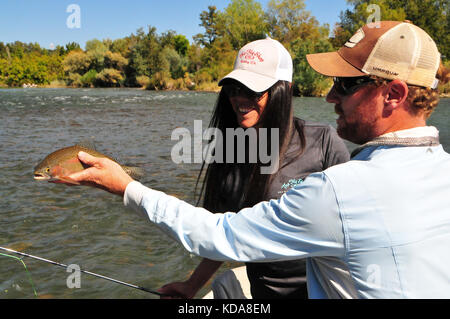 Große Regenbogenforellen sind oft im kühlen Wasser des Sac Fluss unten Shasta Dam genommen. Stockfoto