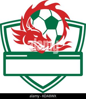 Retro Style Abbildung eines dragon Style um einen Fußball in Crest Schild auf isolierten Hintergrund gesetzt. Stock Vektor